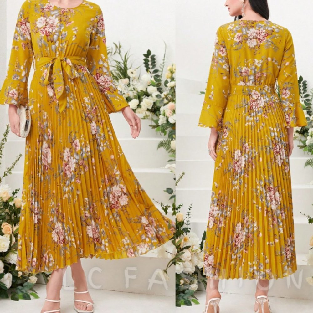 Boho Dress, Floral Print Flounce Sleeve Pleated Hem Belted Dress, summer dress